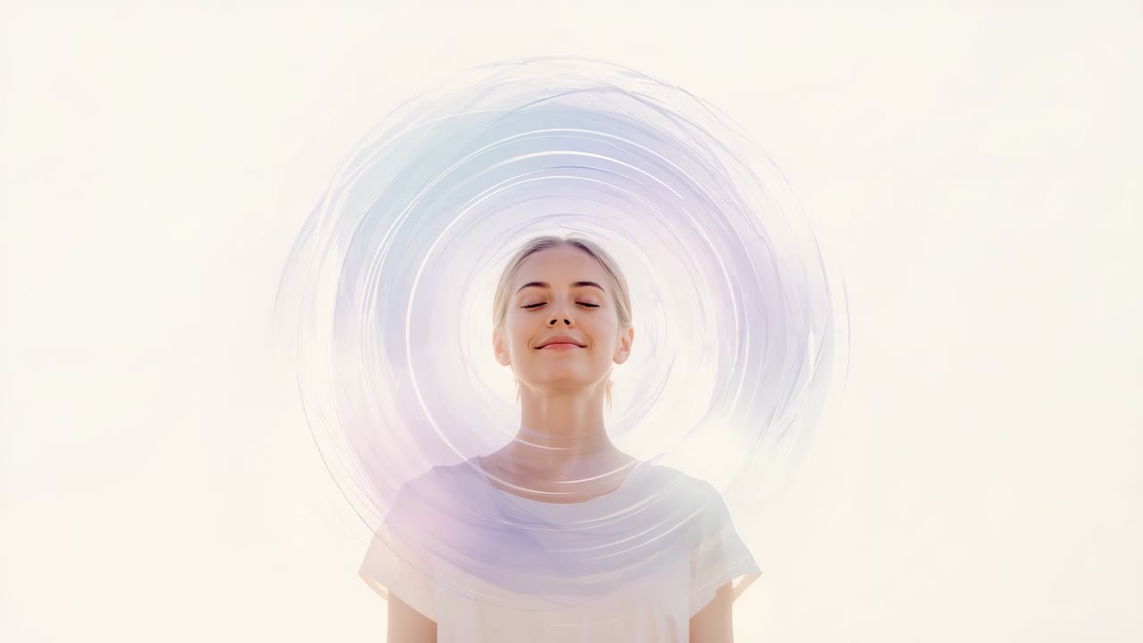 Meditating woman holding pose in studio as pastel halo pulsing behind head, white top thin necklace