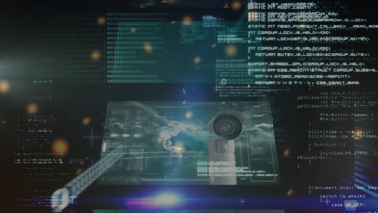 Digitale Infografik-Oberfläche mit Grafiken, Profilsymbolen und Überwachungskamera, Binärcodes