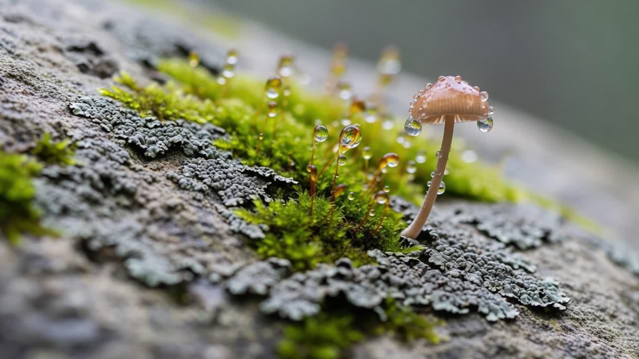 A Close-Up View of a Delicate Mushroom Standing on Mossy Rock, Glistening with Raindrops in a Serenity of Nature's Microcosm