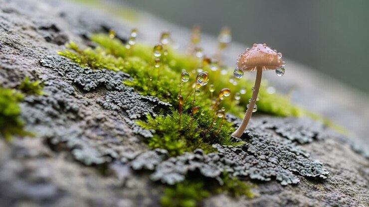 A Close-Up View of a Delicate Mushroom Standing on Mossy Rock, Glistening with Raindrops in a Serenity of Nature's Microcosm
