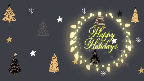 Animation-of-christmas-greetings-in-fairy-lights-frame-over-christmas-trees-background