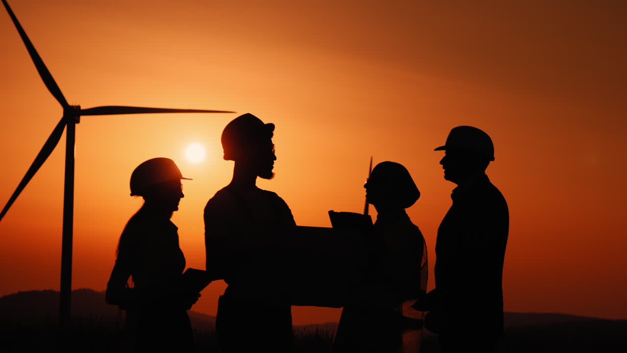 엔지니어 들 이 해 가 지면 풍력 발전소 프로젝트 를 논의 하고 있다