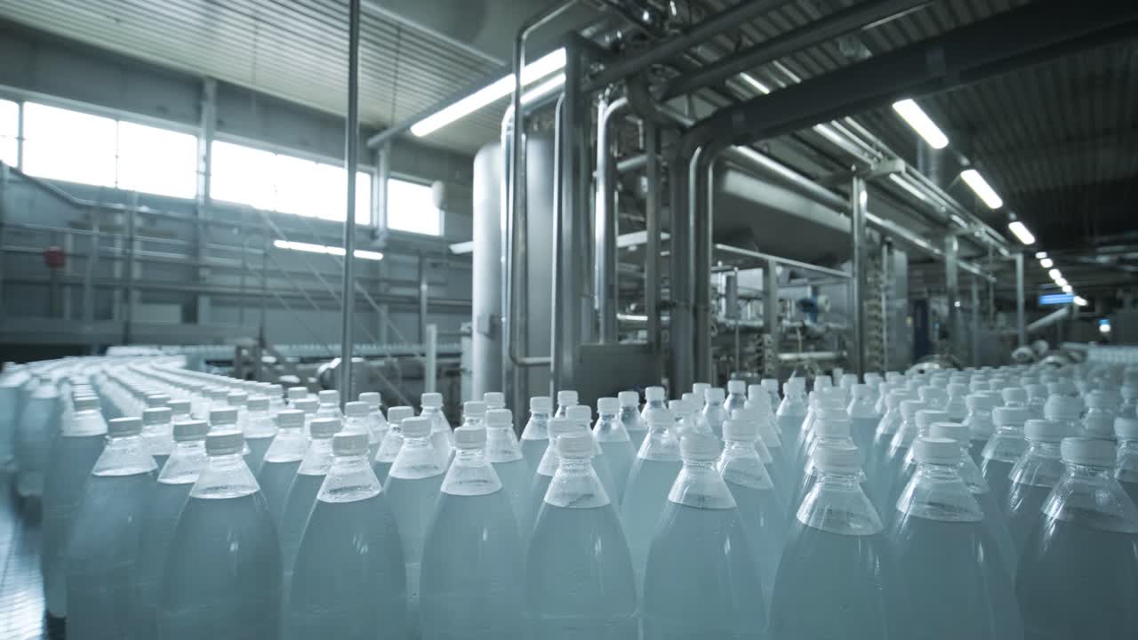 Conveyor belt with bottles of drinking water at a modern beverage plant