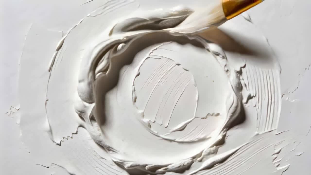Pinsel mit Goldzwinge beginnt zu ziehen, Pinsel zieht weiße Farbe, bildet runden Ring auf dem Tisch.