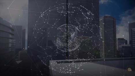 Animation-of-global-network-of-connections-rotating-over-city-buildings