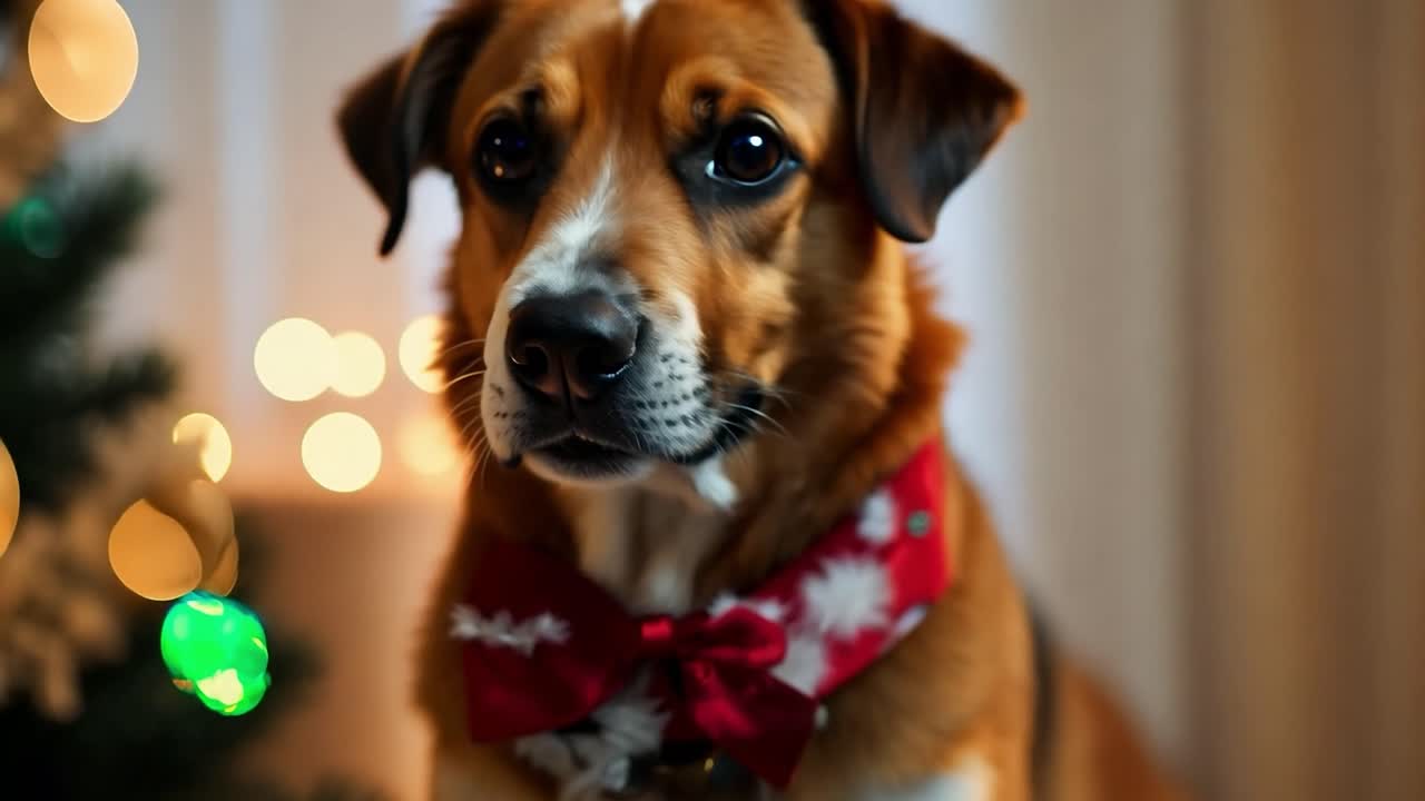 크리스마스 트리 에 나비 타이를 입은 사랑스러운 개