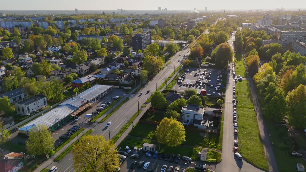 Tree-lined roads stretch through Riga from Purvciems to Dārzciems revealing residential zones, shops, Acer platanoides, Betula pendula, urban canopy, distant skyline, drone in real time flight