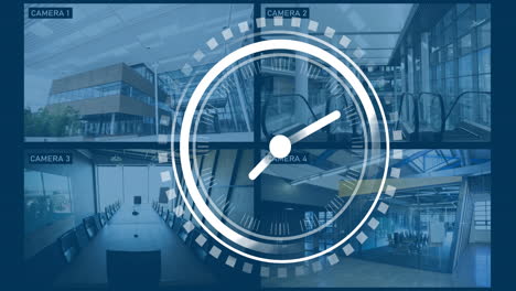 clock animation over security camera feeds showing various office interiors
