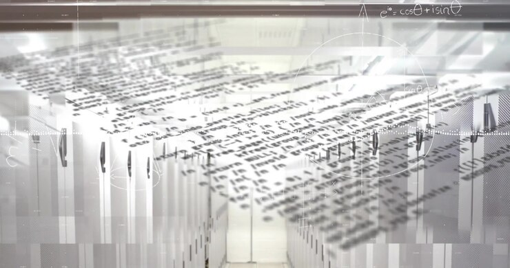 Data Center Server Room with Digital Mathematical Formulas and Code Overlay