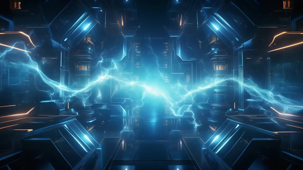 Corridoio futuristico con scarica di energia elettrica luminosa
