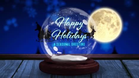 Animation-of-snow-globe-with-happy-holidays-text,-santa-claus-in-sleigh-at-christmas,-with-full-moon