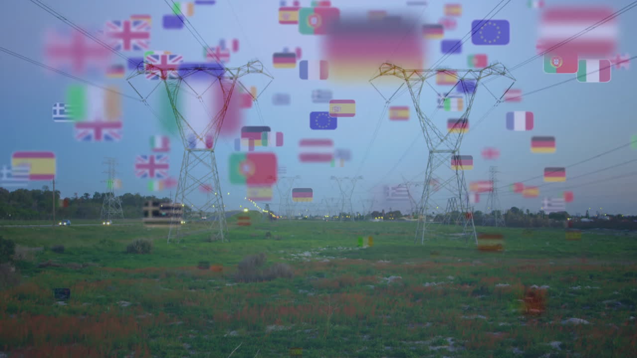 In grassy landscape, animation of flags overlaying power lines of countries