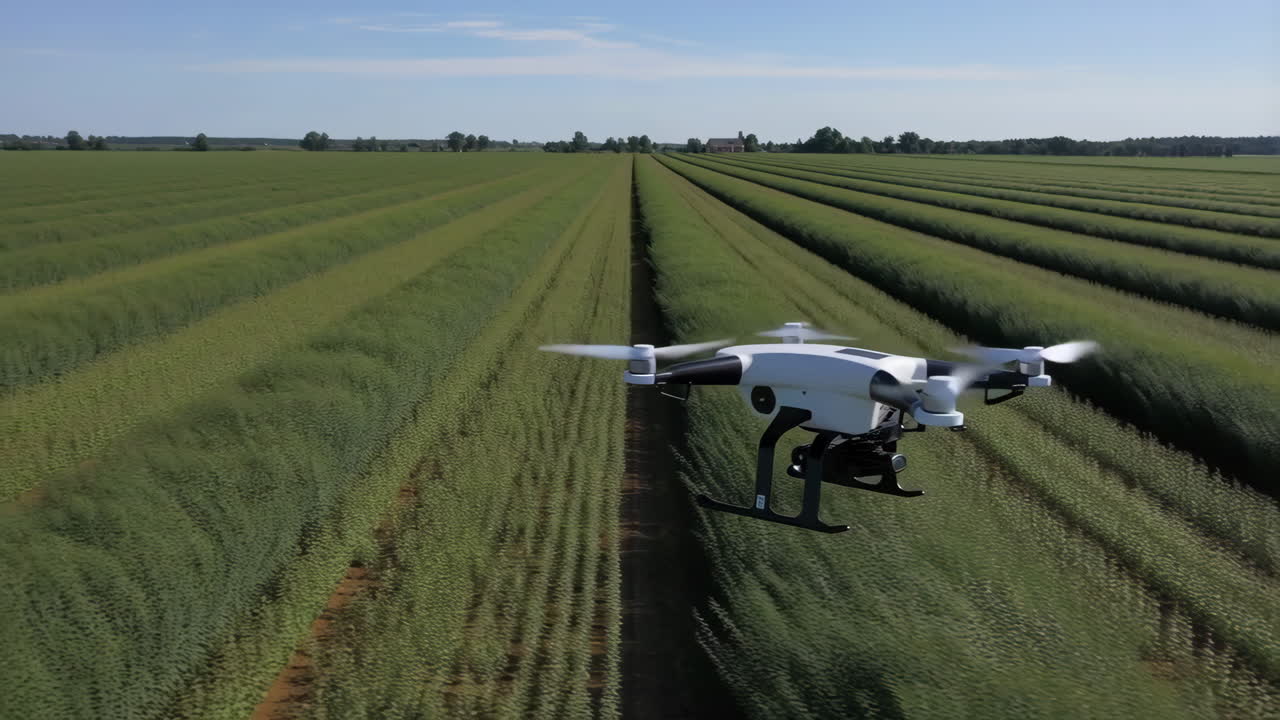 Drone flying over a green agricultural field