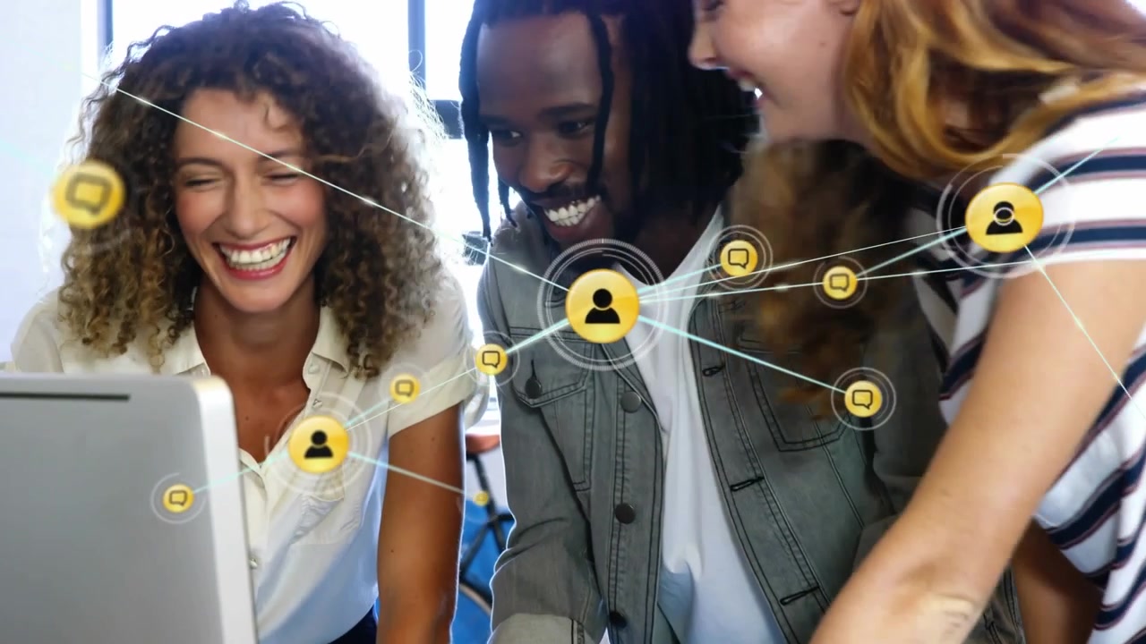 Animation of network of connections with icons over diverse business people in office