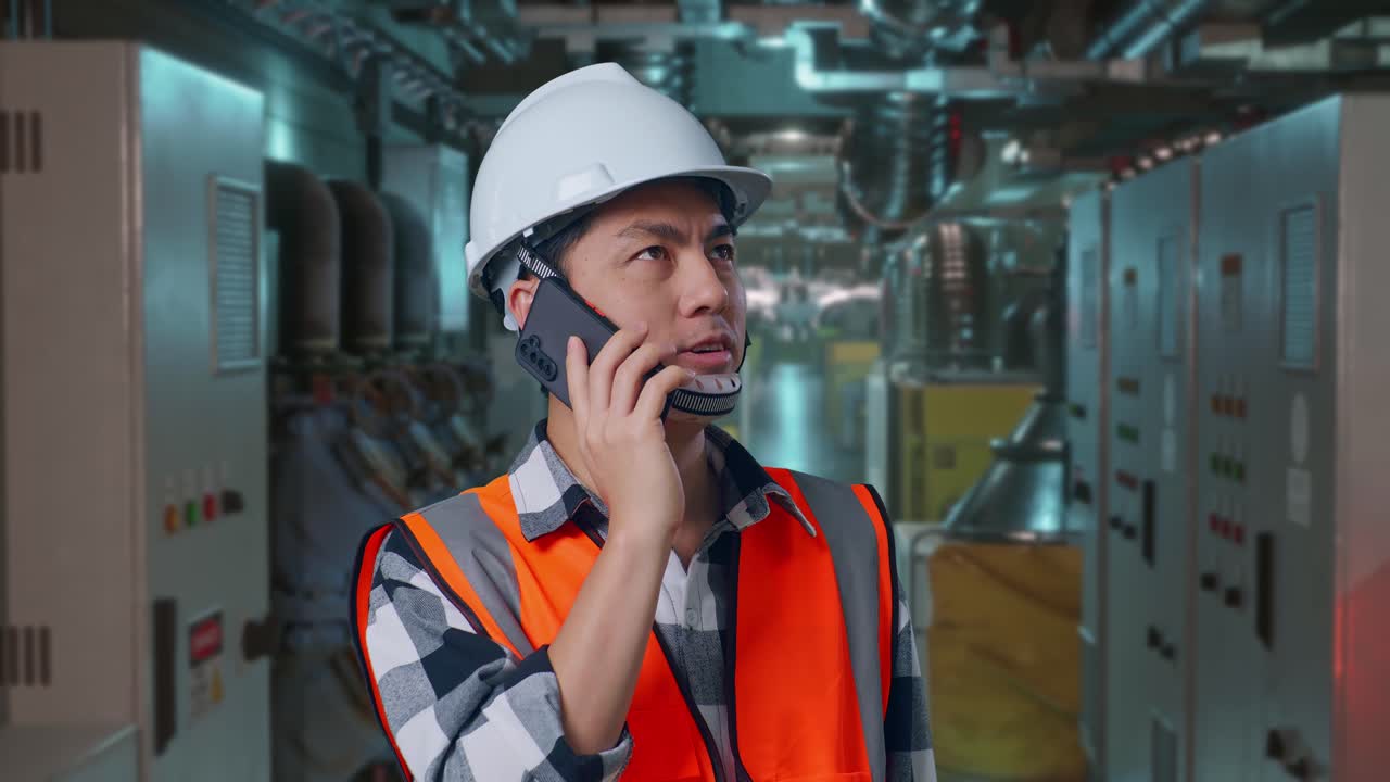 Close Up Of Asian Male Engineer With Safety Helmet Talking On Smartphone While Standing In Engine Control Room, Work Of Electrical Generators