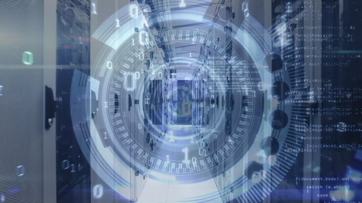 Animation of data processing and digital information flowing through network in a server room