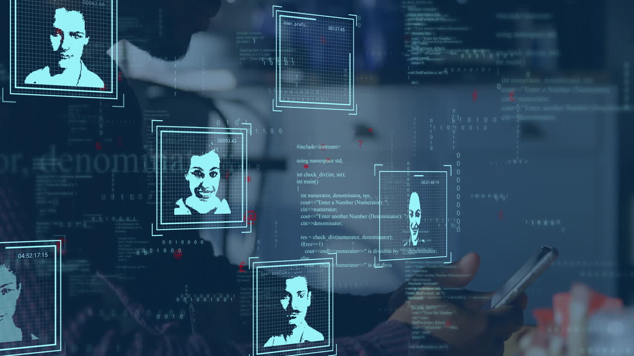 Analyzing faces using animation, person with smartphone in school setting