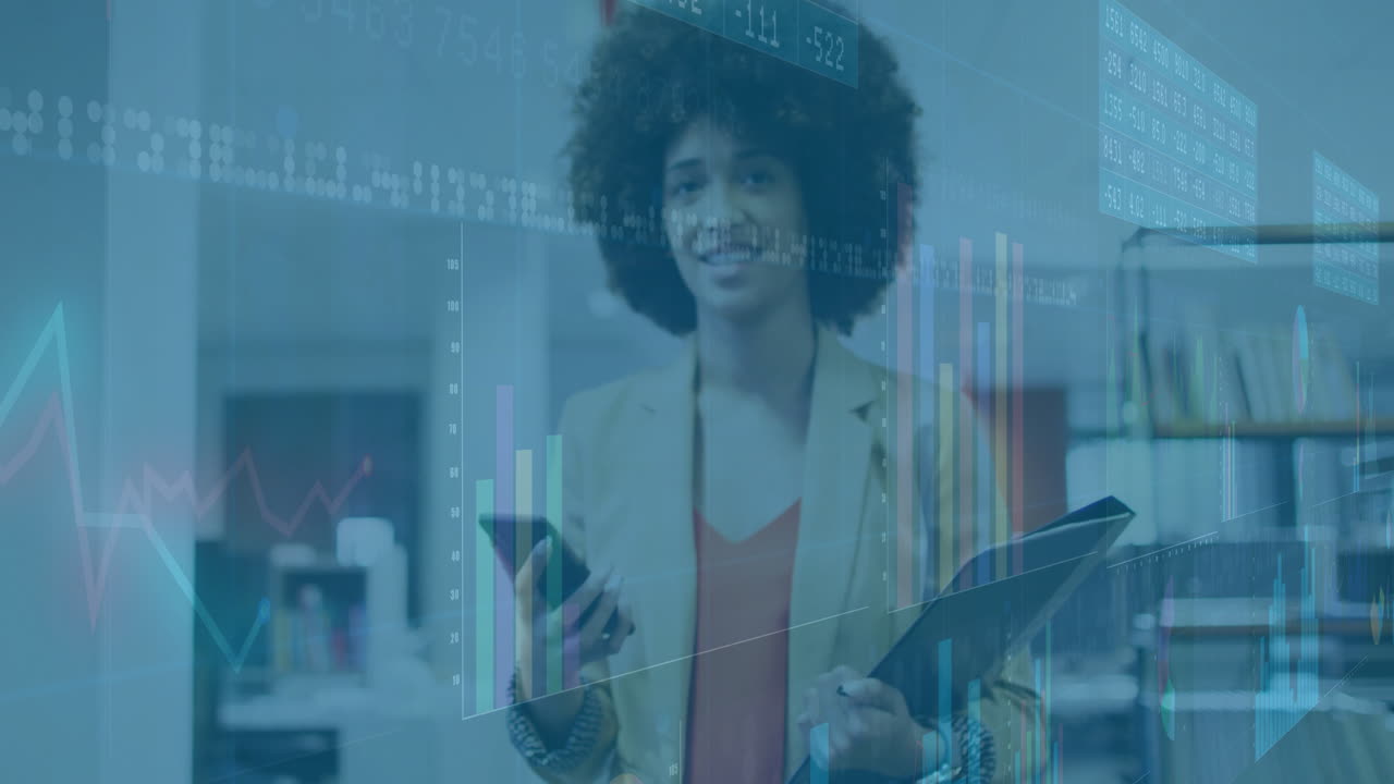 Businesswoman holding smartphone and documents, financial data processing animation over office