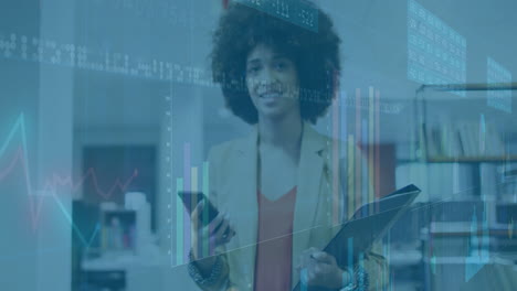 businesswoman holding smartphone and documents, financial data processing animation over office