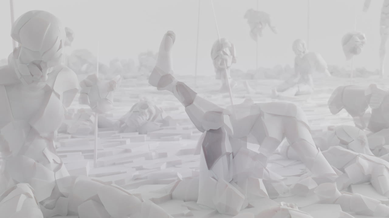 Destroyed android shells on spikes on a foggy junkyard