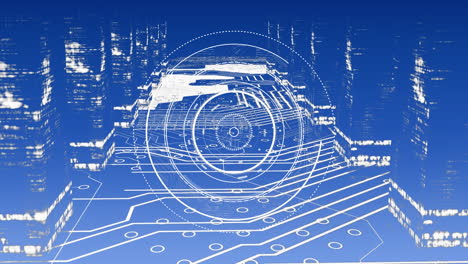 white concentric circles over moving circuit board diagram