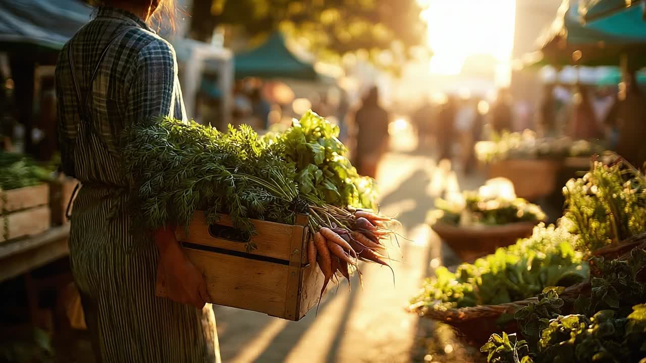 Woman carrying fresh vegetables at a lively farmer's market