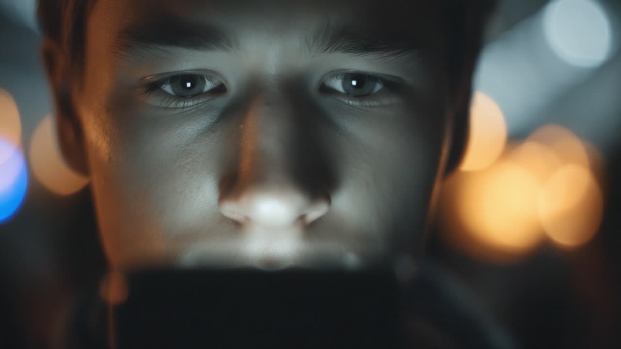 Young Person Intently Focused on Mobile Device in Dimly Lit Environment, Capturing a Moment of Digital Engagement and Emotional Connection