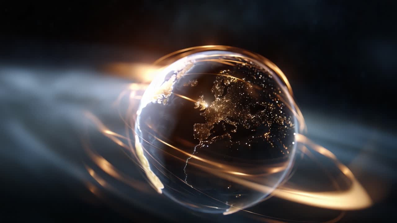 A Captivating View of Earth Illuminated by City Lights and Surrounded by Ethereal Energy Waves, Showcasing Our Planet's Beauty and Connectivity in Space