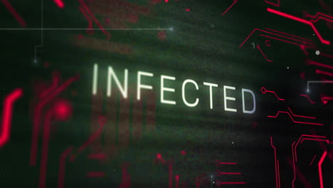 animation of infected text over computer circuit board on black background