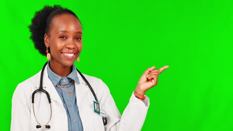 Show,-pointing-and-face-of-female-doctor-on-green
