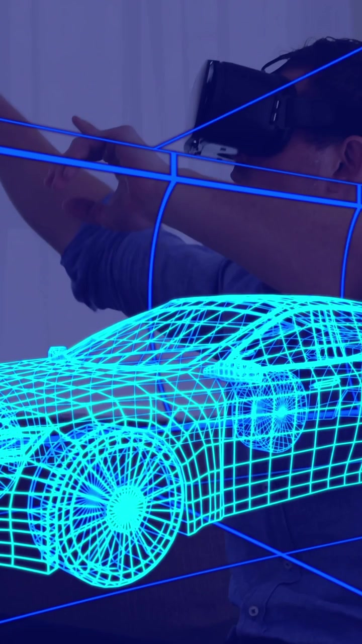 Man Interacting with Virtual Car 3D Wireframe Model Using VR Headset