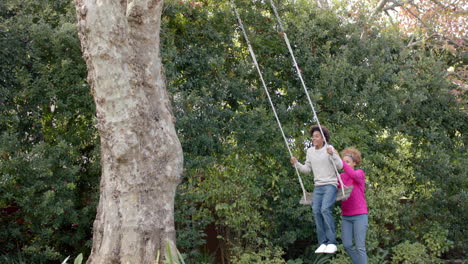 happy african american mother pushing her son on tree swing in garden, in slow motion