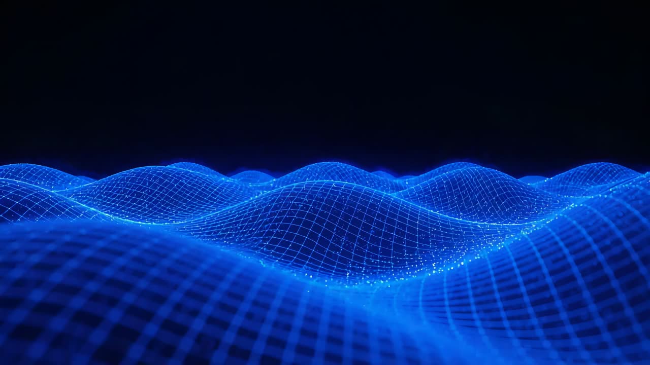 Starting render loop causing neon blue mesh undulating across black void, with sparkles