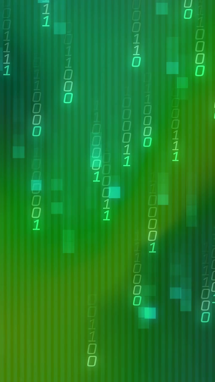 Vertical video: Neon binary columns starting at top, cascading down, intensifying into digital rain