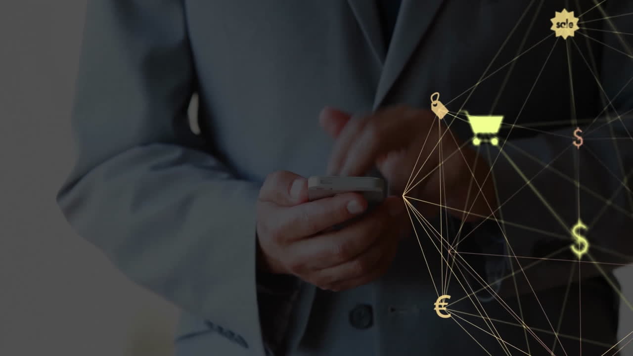animación de la red de conexiones con iconos sobre empresario caucásico usando un teléfono inteligente