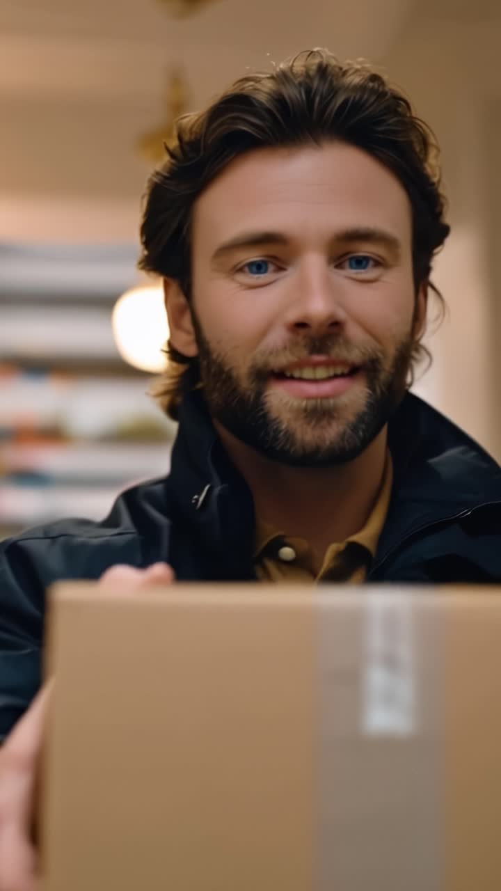 Confident man presenting delivery package, showcasing engaging expression and approachable demeanor in a cozy indoor setting, emphasizing dialogue and connection