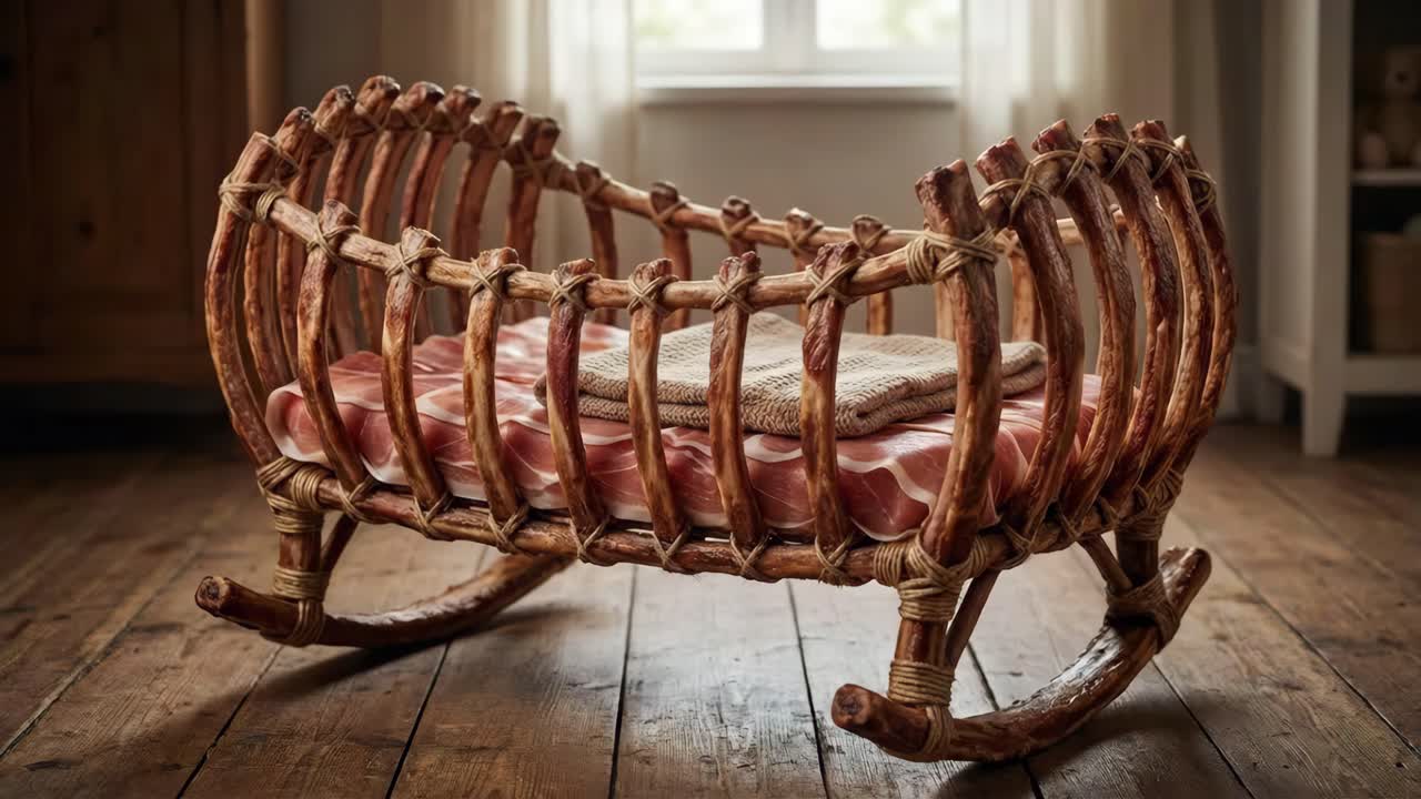 Culla di vimini piena di prosciutto e coperta