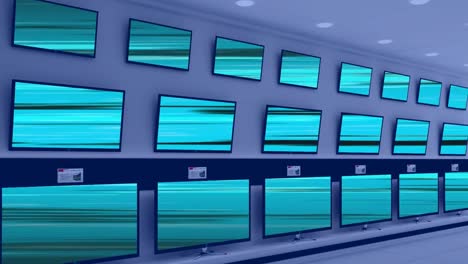 Animation-of-rows-of-television-sets-in-store-with-glowing-screens-with-copy-space