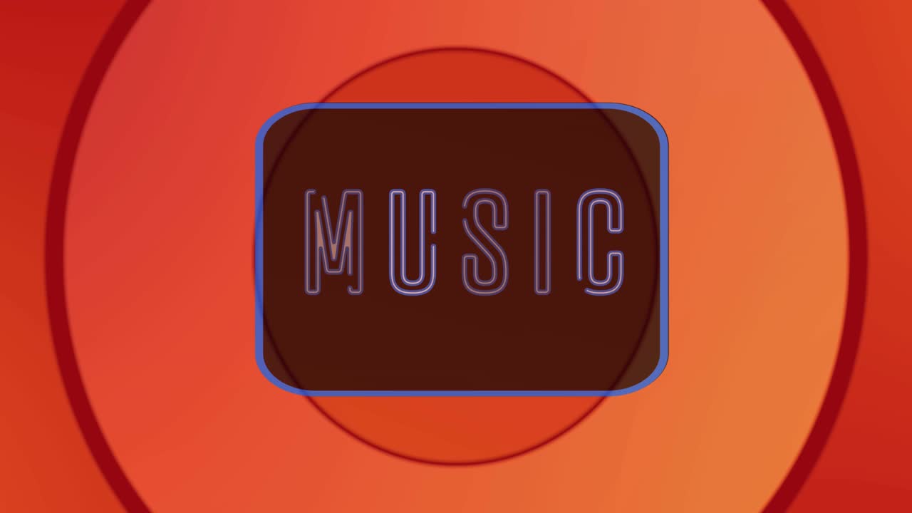 네온 프레임과 오렌지색 원 위에 네온 글자로 움직이는 음악 텍스트의 애니메이션