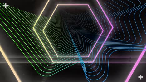 Animation-of-yellow-and-pink-neon-hexagons-over-green-and-blue-parallel-curves-moving-on-black
