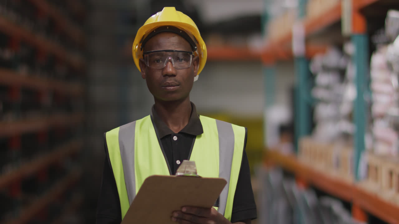 African American male factory worker at a factory looking and smiling to the camera