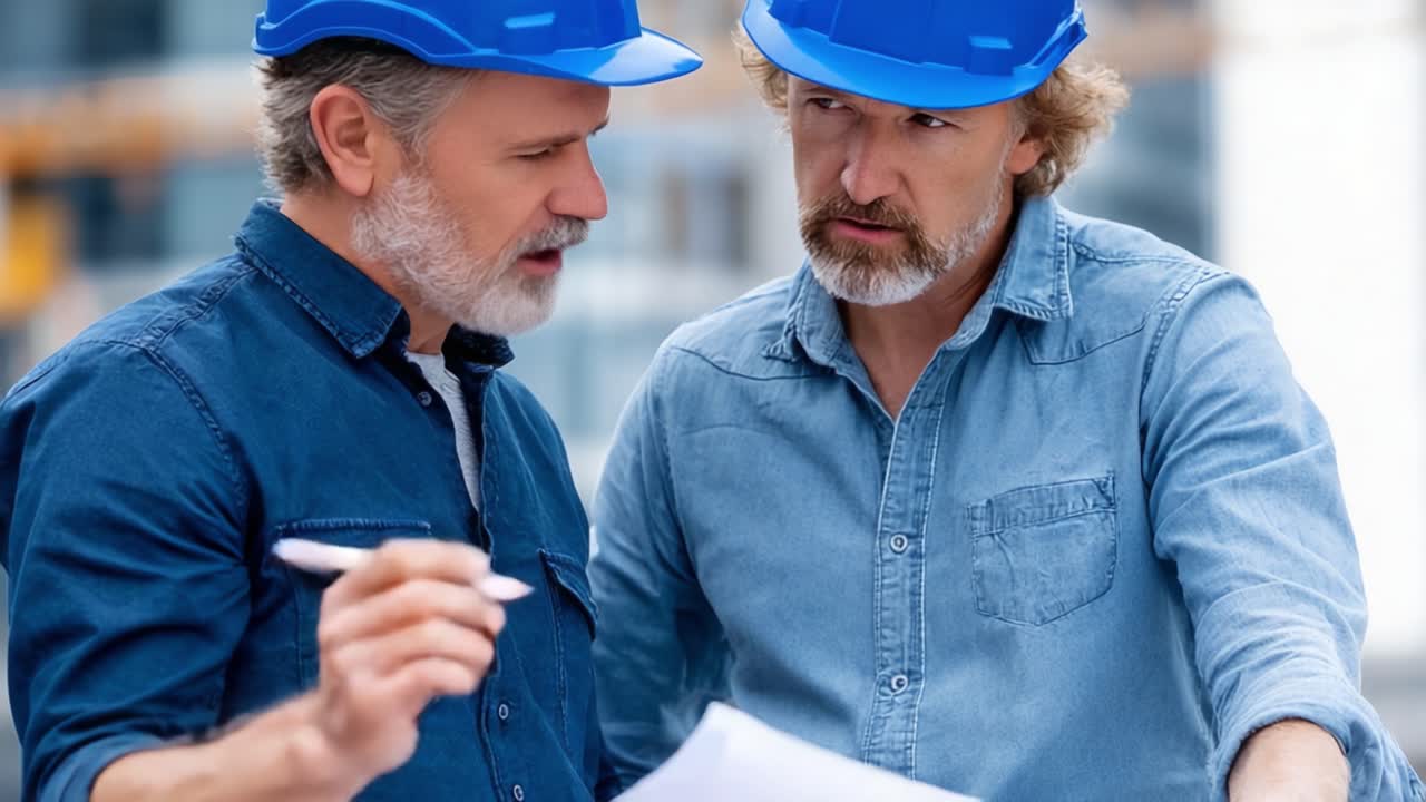 Two Professionals Collaborating on Project Plans at Construction Site: A Focus on Teamwork, Strategy, and Detailed Analysis in the Construction Industry