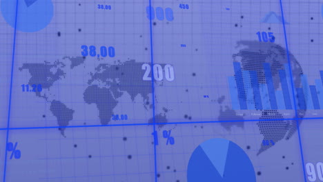 animación del procesamiento de datos financieros sobre el mapa del mundo y el globo sobre fondo blanco