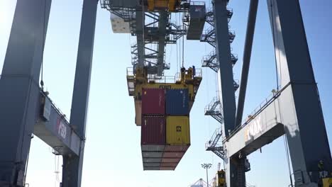 a crane hoisting colorful shipping containers in a busy port, showcasing modern logistics operations and maritime efficiency under clear blue skies