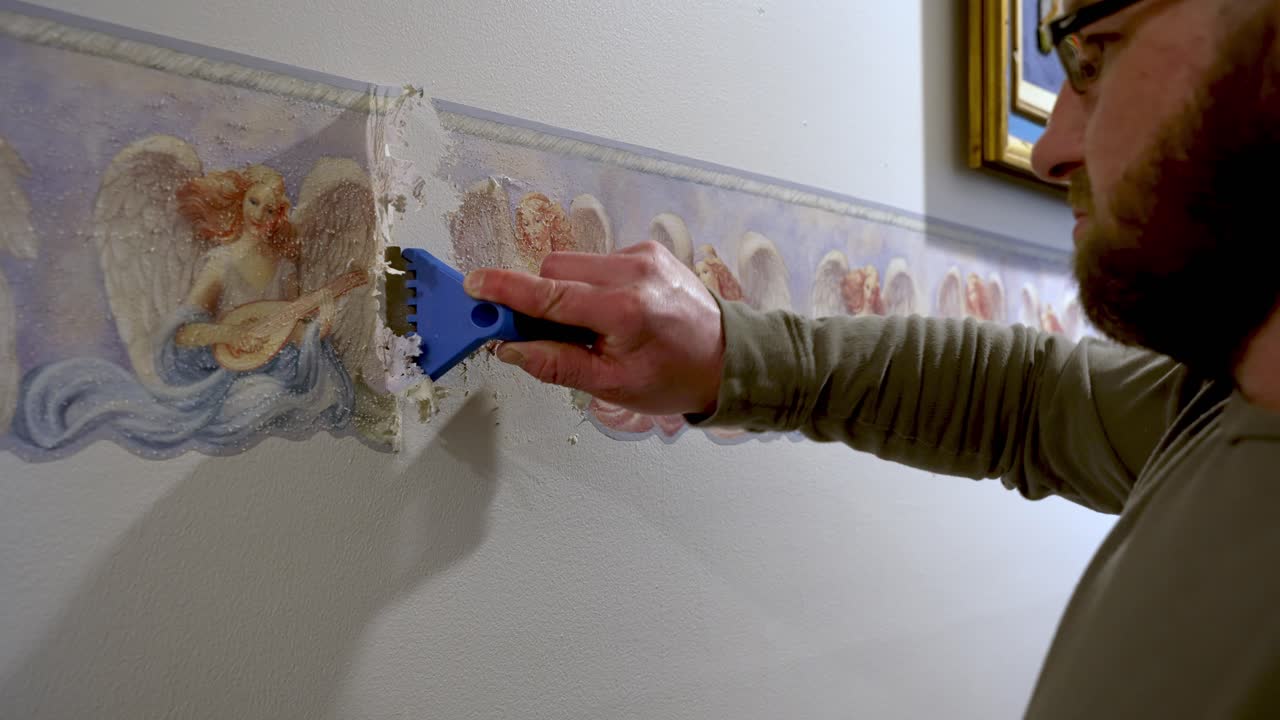 Adhesive removal, craftsman process, restoration tasks, scraping tool