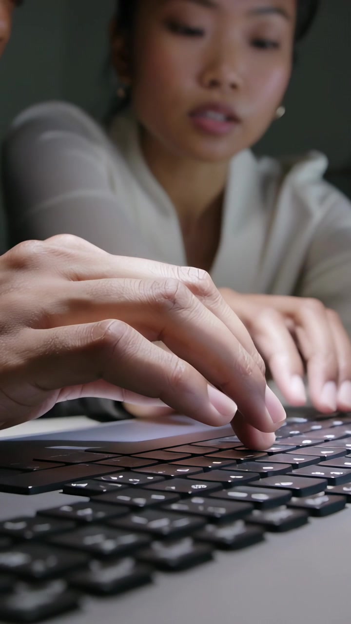 Video verticale: Mani che digitano, seguendo una donna con una camicetta bianca che guida alla scrivania, con un laptop e un orologio.