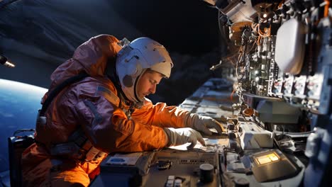 astronaut conducting repairs on a spacecraft during a spacewalk