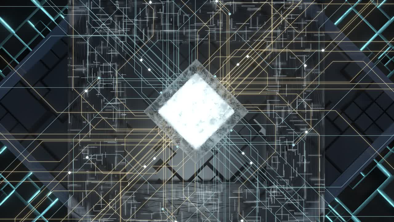 Luminous cube and circuits, black cubes, 3d rendering.