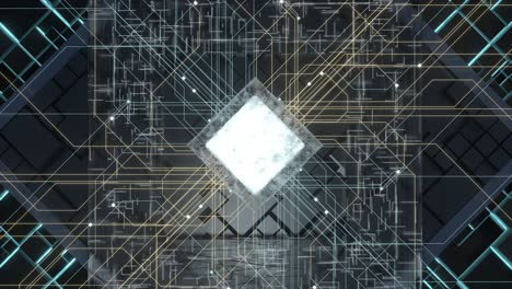 cubo luminoso y circuitos, cubos negros, renderización en 3d.