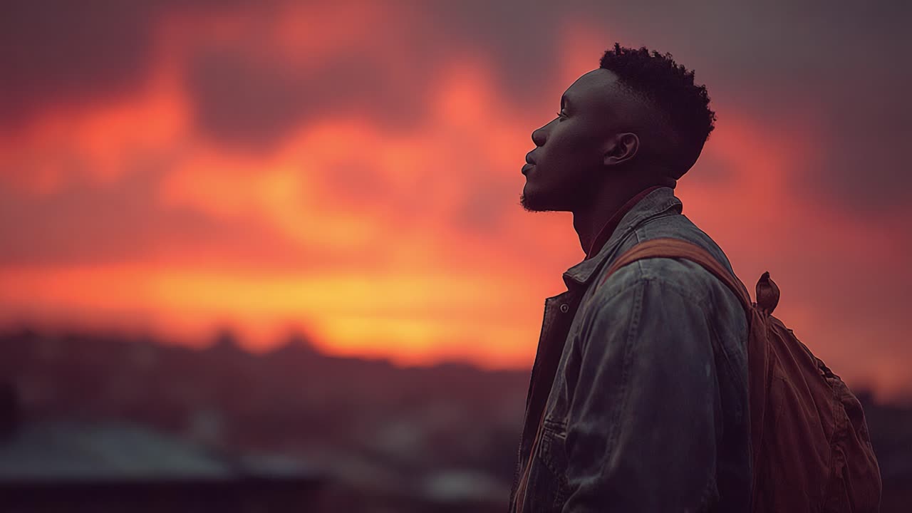 Reflective Moment: A Young Man Gazes at a Stunning Sunset Displaying Vibrant Hues of Orange and Purple Against a Dramatic Sky in a Peaceful Urban Setting